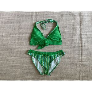 Vtg Womens Bikini Swimsuit L Green Polka Dot Stripe Halter Two Piece Retro Y2K